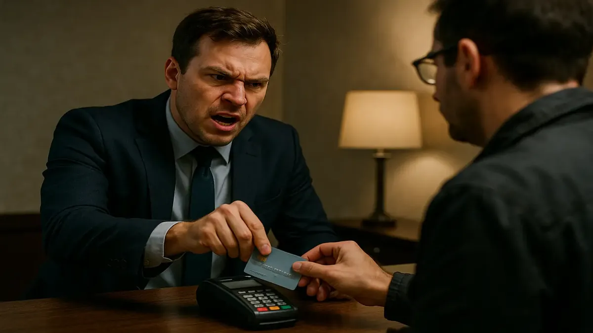 Frustrated hotel guest expressing anger over incidental card swipe policy at front desk.
