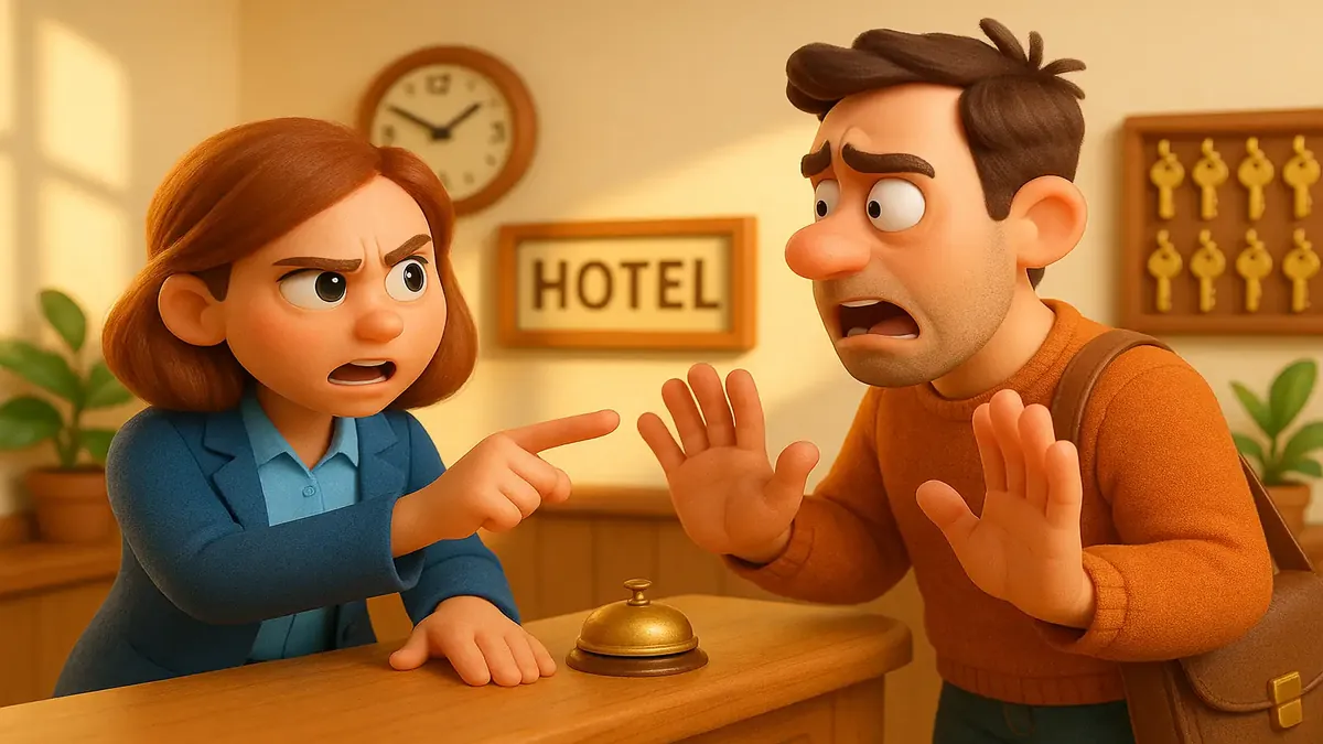 Cartoon 3D illustration of a hotel receptionist confronting a guest who dined and dashed.