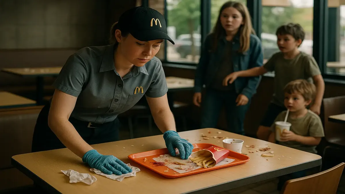 Children learning to clean up after themselves and respect customer service workers in a busy restaurant.