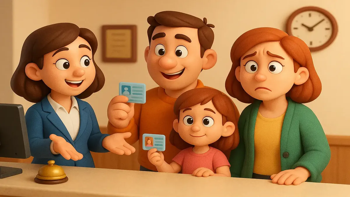Cartoon illustration of a family at a hotel check-in, one member without ID, highlighting travel challenges.