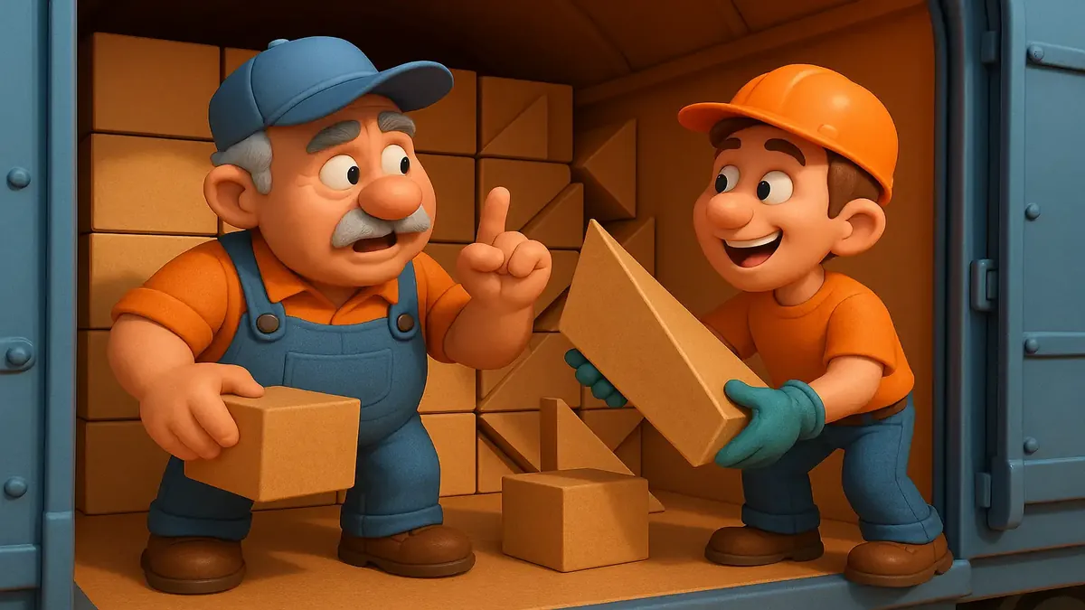 Cartoon 3D illustration of boxcars loaded with custom-cut cardboard structures for secure transit.