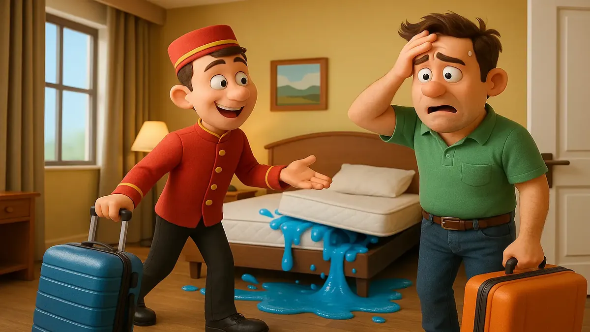 Cartoon-3D illustration of a hotel room in chaos, depicting a stressed staff member handling a guest complaint.