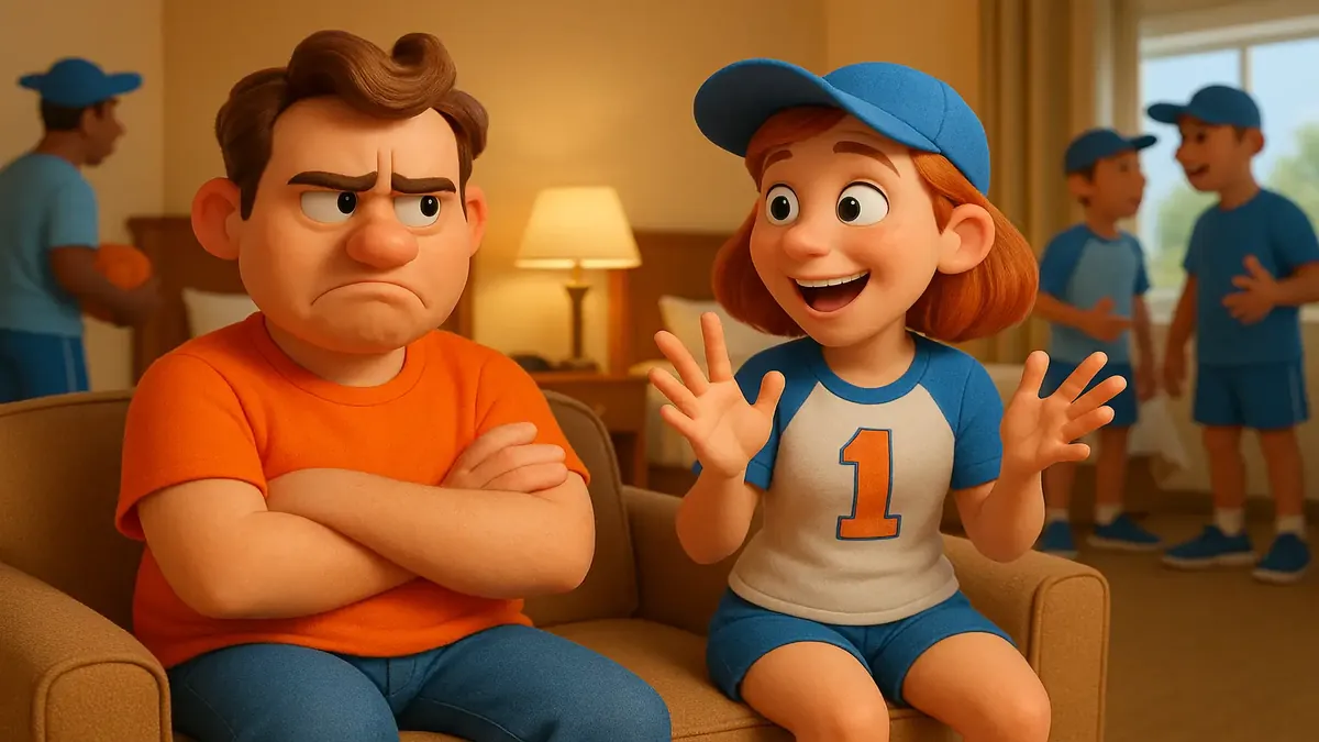 Frustrated guest at a busy sports hotel with teams during a weekend stay, cartoon-3D style illustration.