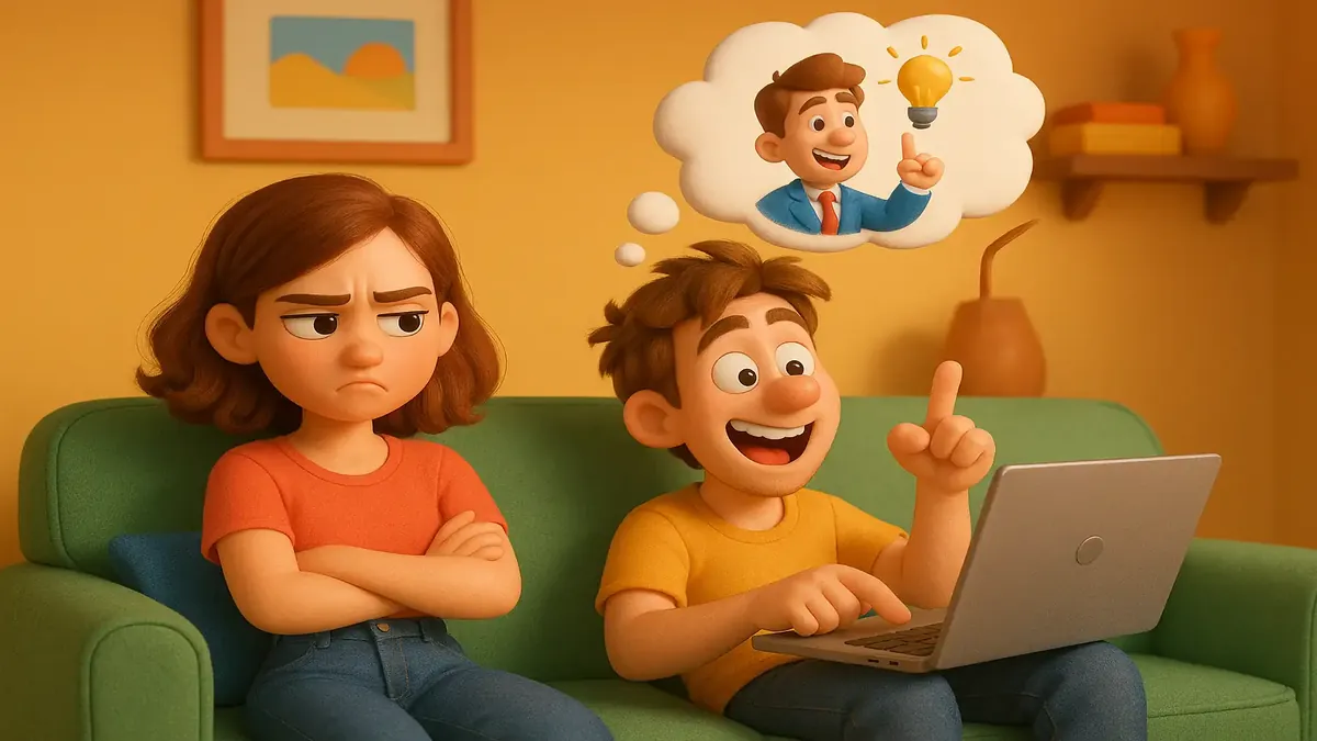 Cartoon illustration of a young woman reflecting on her relationship with a dreamer lacking ambition.