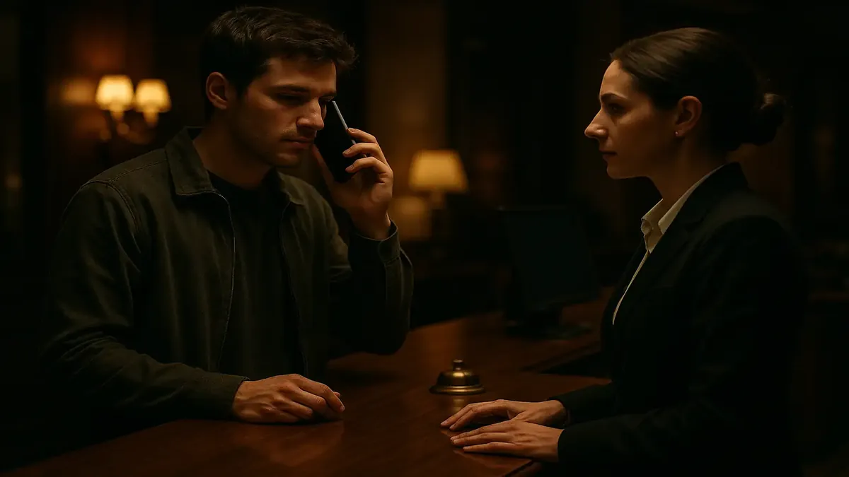 Hotel front desk interaction with a guest distracted by a phone, emphasizing courtesy in hospitality.