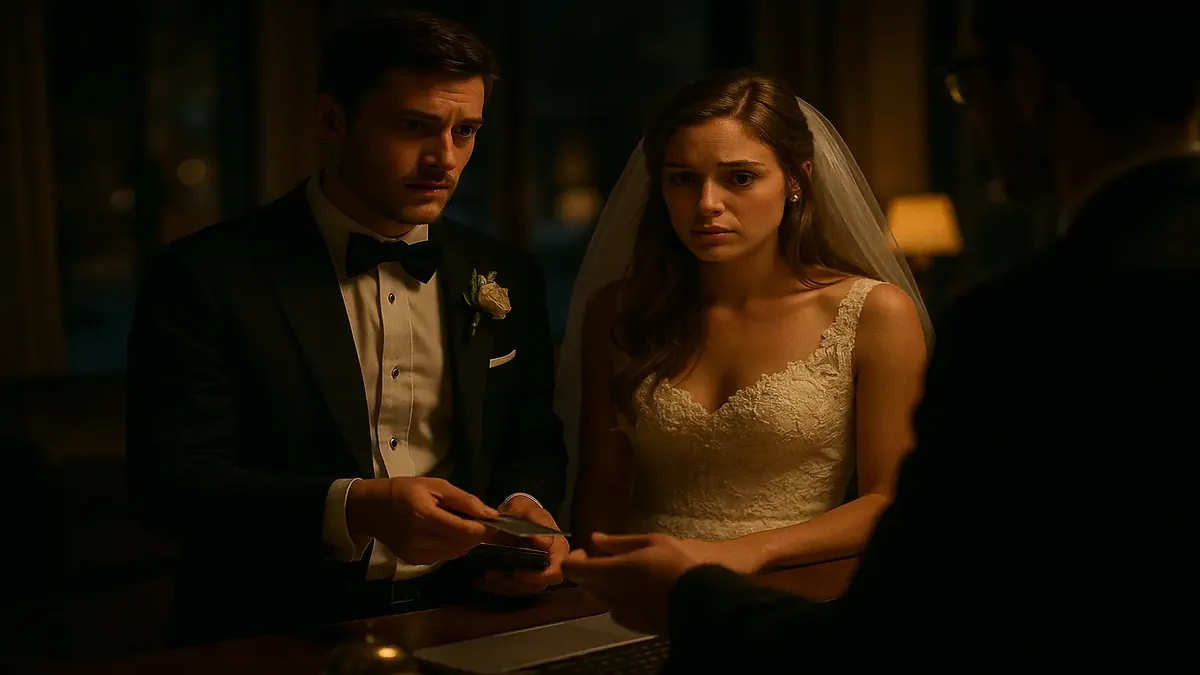 Newlyweds in wedding attire at a hotel check-in, showcasing the excitement of their first night together.