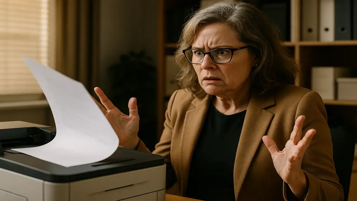 Photo of a bewildered office worker staring at a printer spewing out random pages, humorously haunted vibe.
