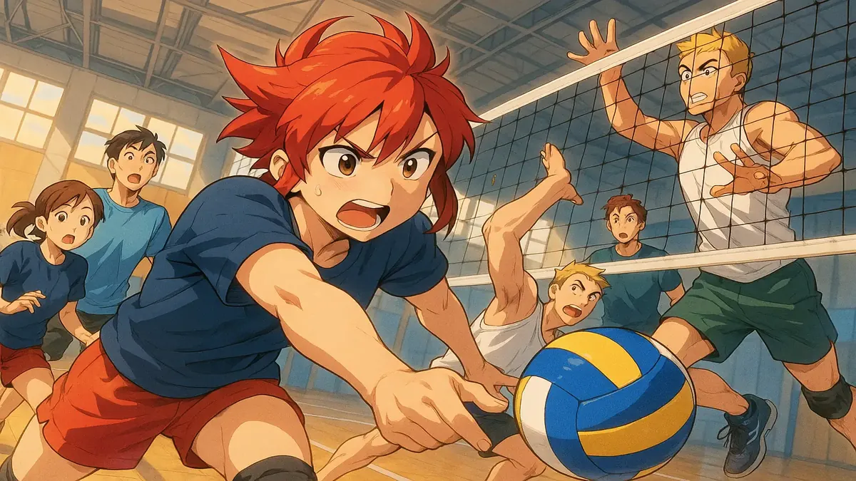 Anime illustration of a volleyball team discussing rosters in a recreational league setting.