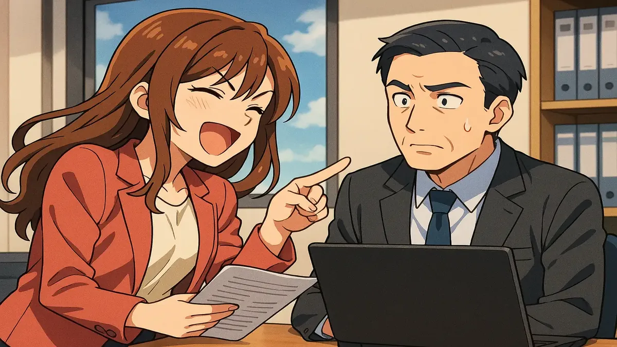 Anime illustration of a character triumphantly showcasing a work success in front of their boss.