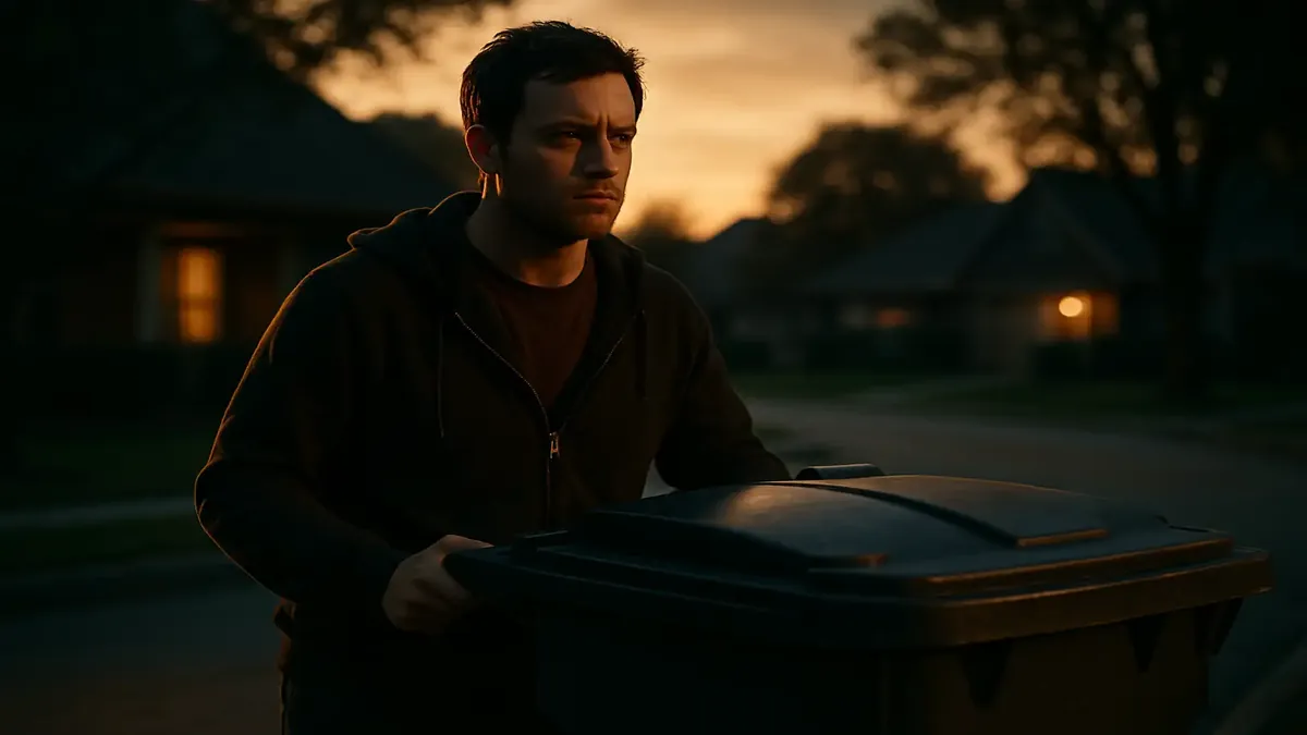 Trash bin placed outside a house at 7am, emphasizing HOA rules and community compliance.
