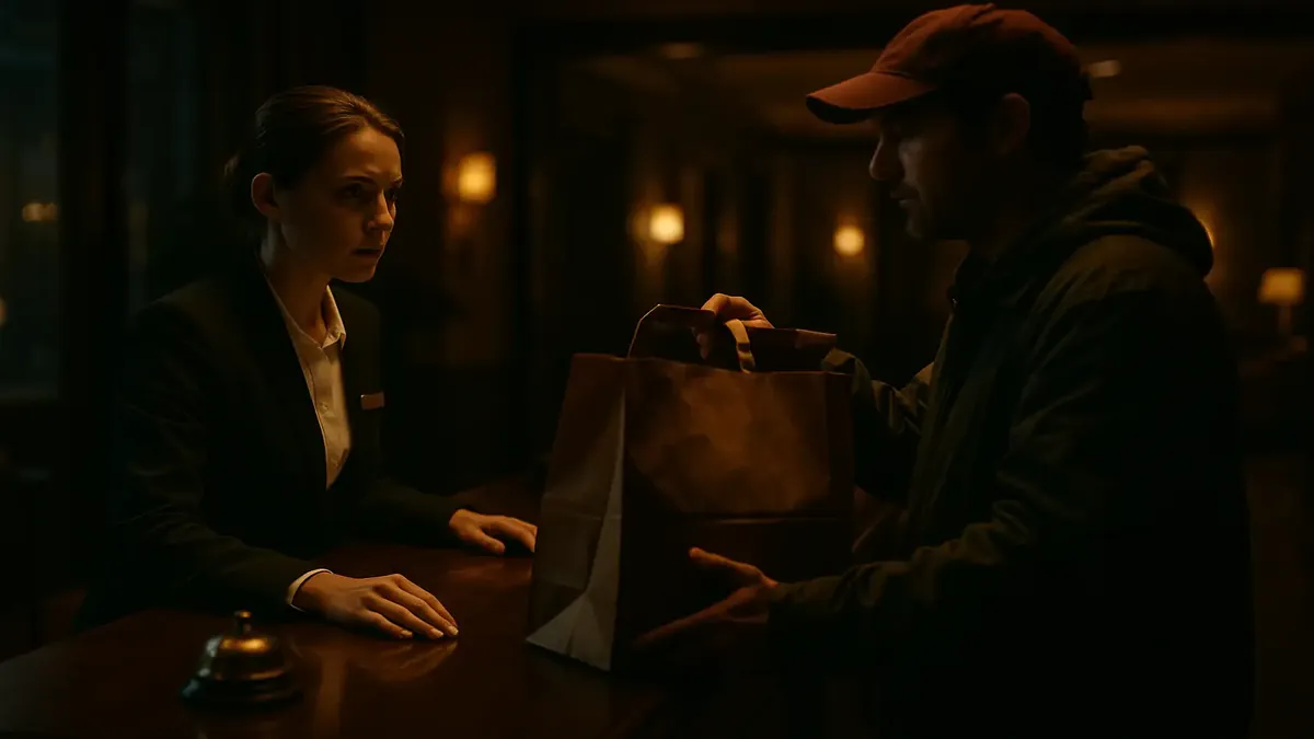 Cinematic view of a hotel lobby with a delivery bag waiting for a guest pickup, emphasizing delivery rules.