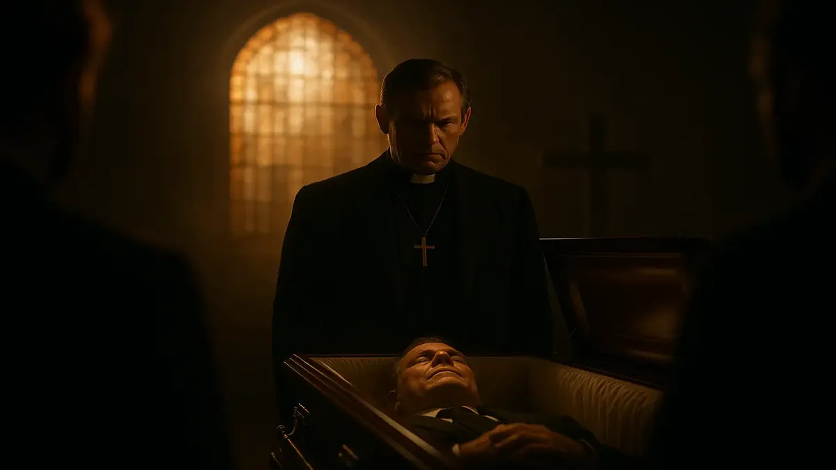 Cinematic image of a somber funeral scene, reflecting the complexity of life and legacy.