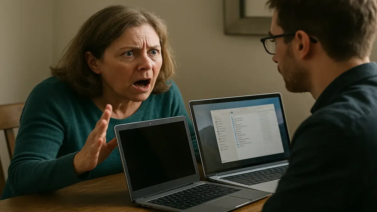 Client's laptop with a full hard drive alert and new computer setup for data transfer.