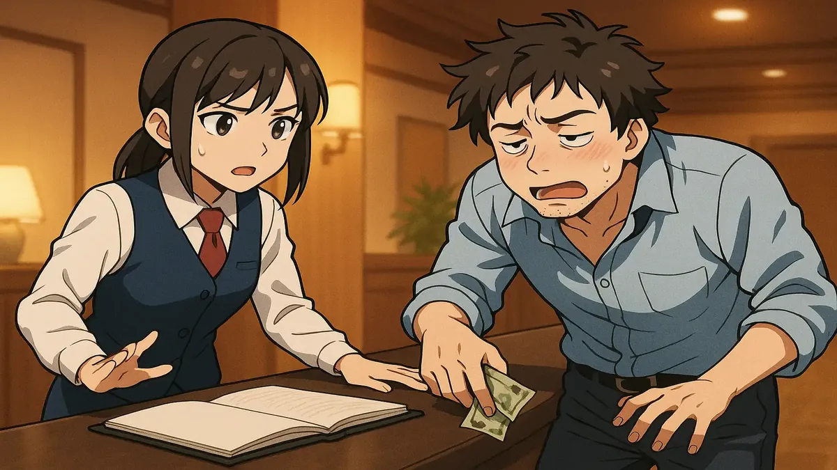 Drunk guest stumbling in hotel lobby, anime style illustration, captures a humorous hotel front desk moment.