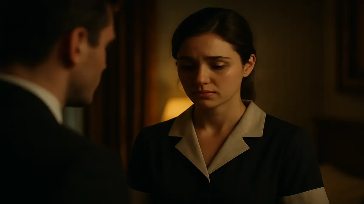 Cinematic scene of a hotel reception, depicting a tense moment between staff and a guest.