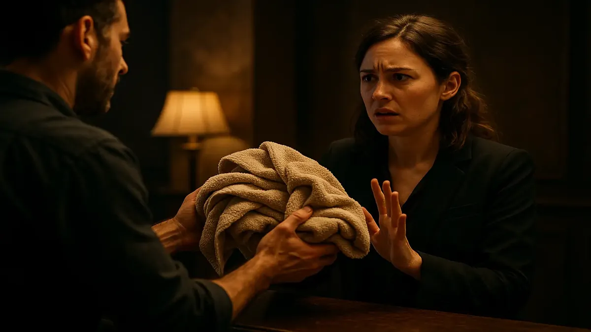 Cinematic image of a frustrated hotel clerk handling dirty guest towels at the front desk.