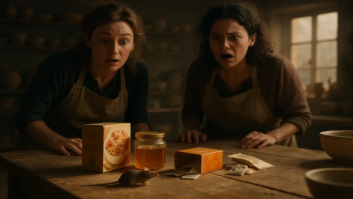 Cinematic scene of a messy pottery studio with food packets scattered around, reflecting creative chaos.