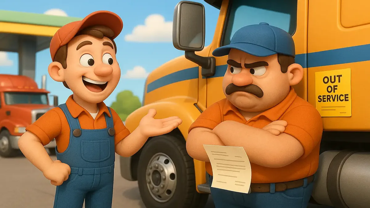 Cartoon-3D illustration of a frustrated trucker facing DOT compliance issues and an Out of Service ticket.