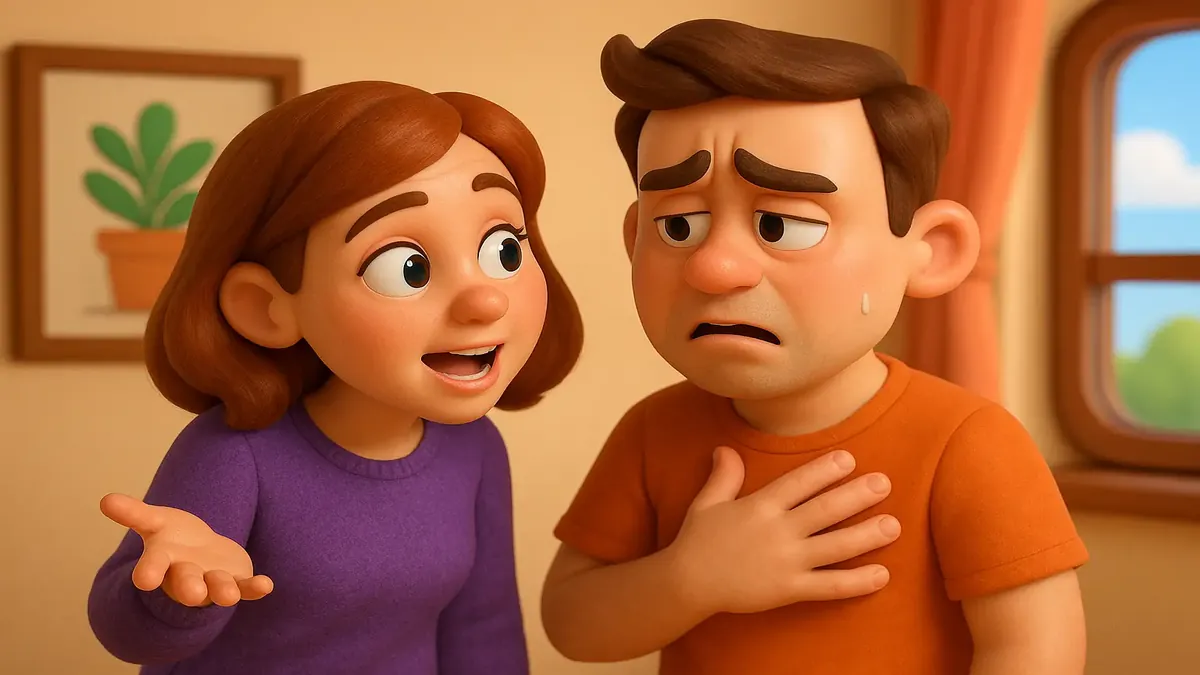 Cartoon-3D illustration of a man using high blood pressure as an excuse while avoiding work responsibilities.