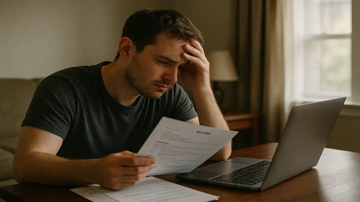 A tired employee sitting at a desk with a laptop, reflecting on job changes and applying for new positions.