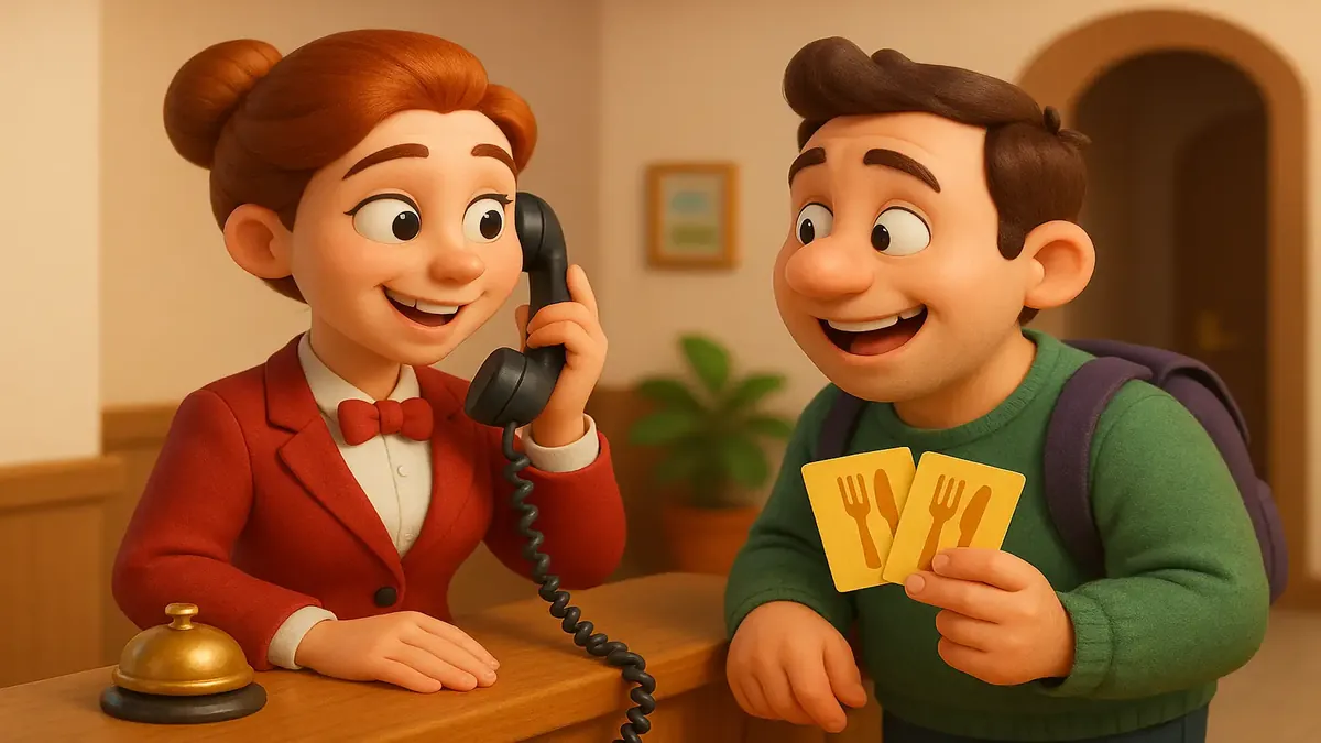 Cartoon 3D illustration of a hotel receptionist answering a customer's inquiry about restaurant vouchers.