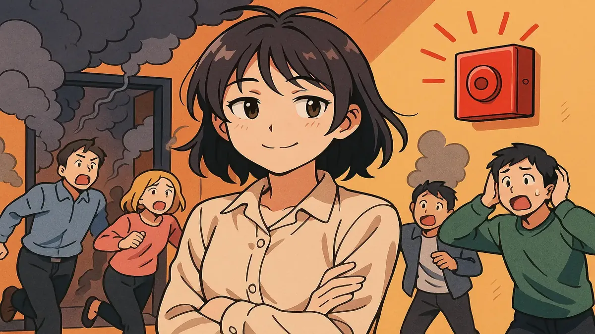 Anime characters reacting humorously during a fire alarm, showcasing bizarre responses to an emergency.