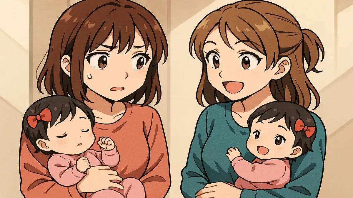 Anime illustration of two mothers with babies, highlighting friendship and shared parenting experiences.