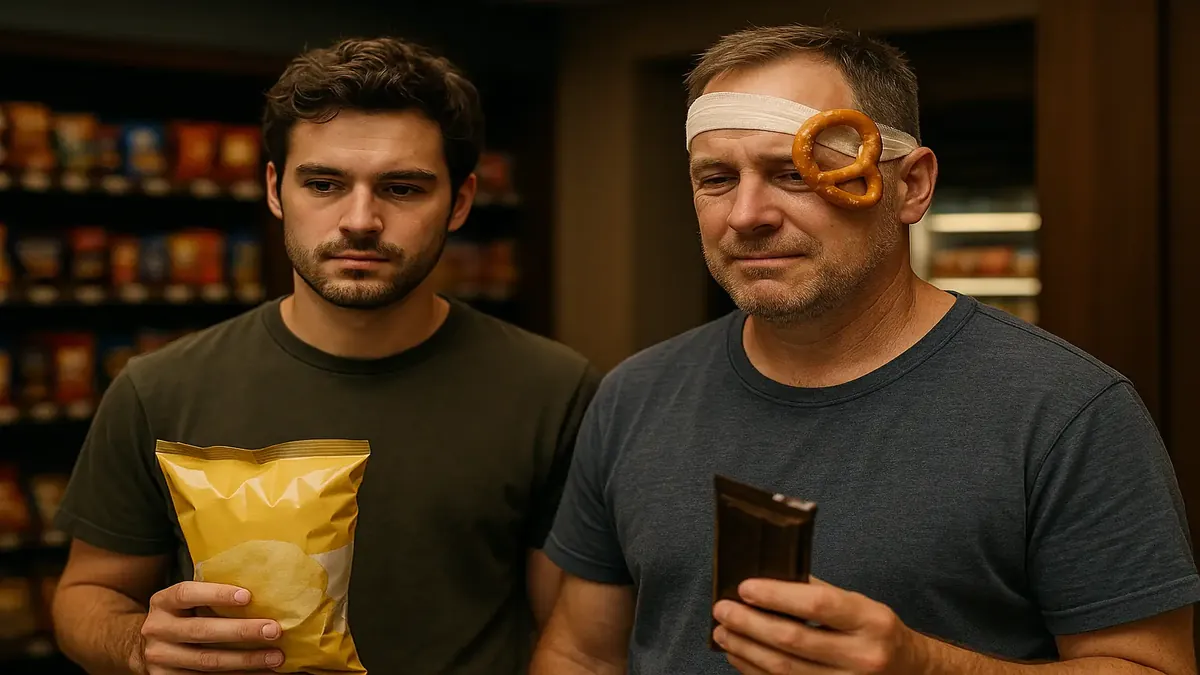 Man with gauze on his head shopping for snacks at a hotel store, reflecting an unexpected injury story.