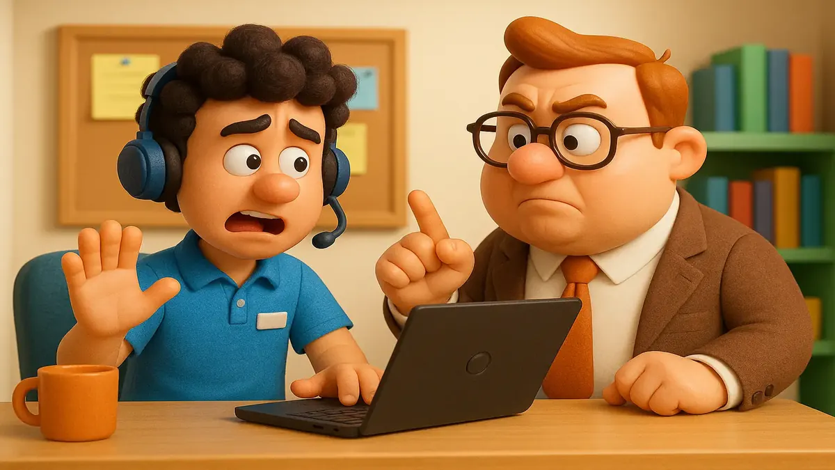 Cartoon-3D illustration of tech support staff humorously managing client expectations in an office setting.