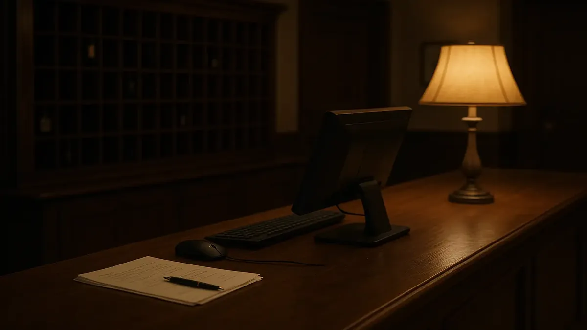 Empty desk in a hotel lobby during peak hours, showcasing the busy atmosphere and level of service challenges.