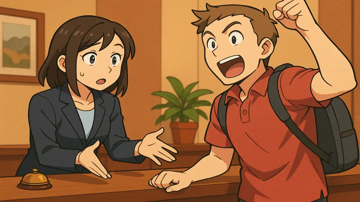 Anime illustration of hotel staff assisting a guest with room key, capturing a moment of personal info exchange.