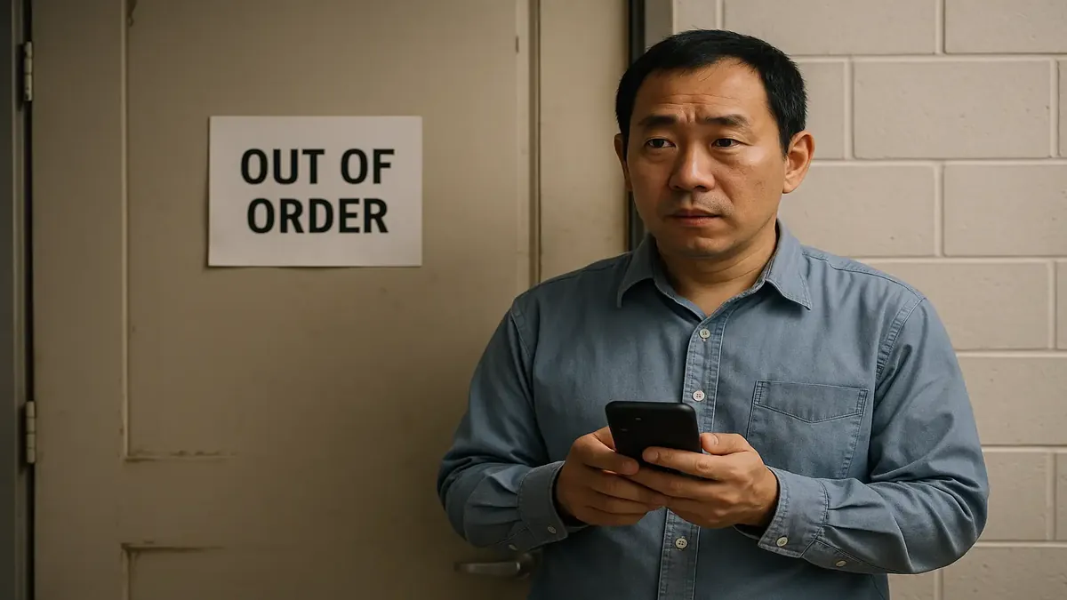 Foreign employee using Google Translate in an out-of-order room at work, enhancing communication challenges.