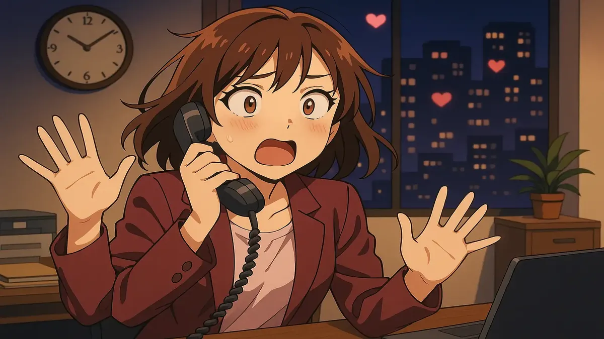 Anime illustration of a surprised couple in a bathroom with a fallen shower curtain on Valentine's Day.