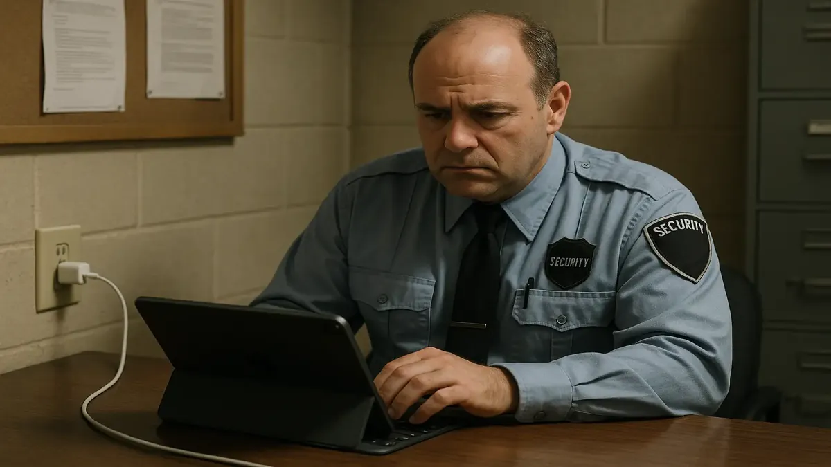 Security guard writing on iPad at night, reflecting on electricity theft accusations from employer.