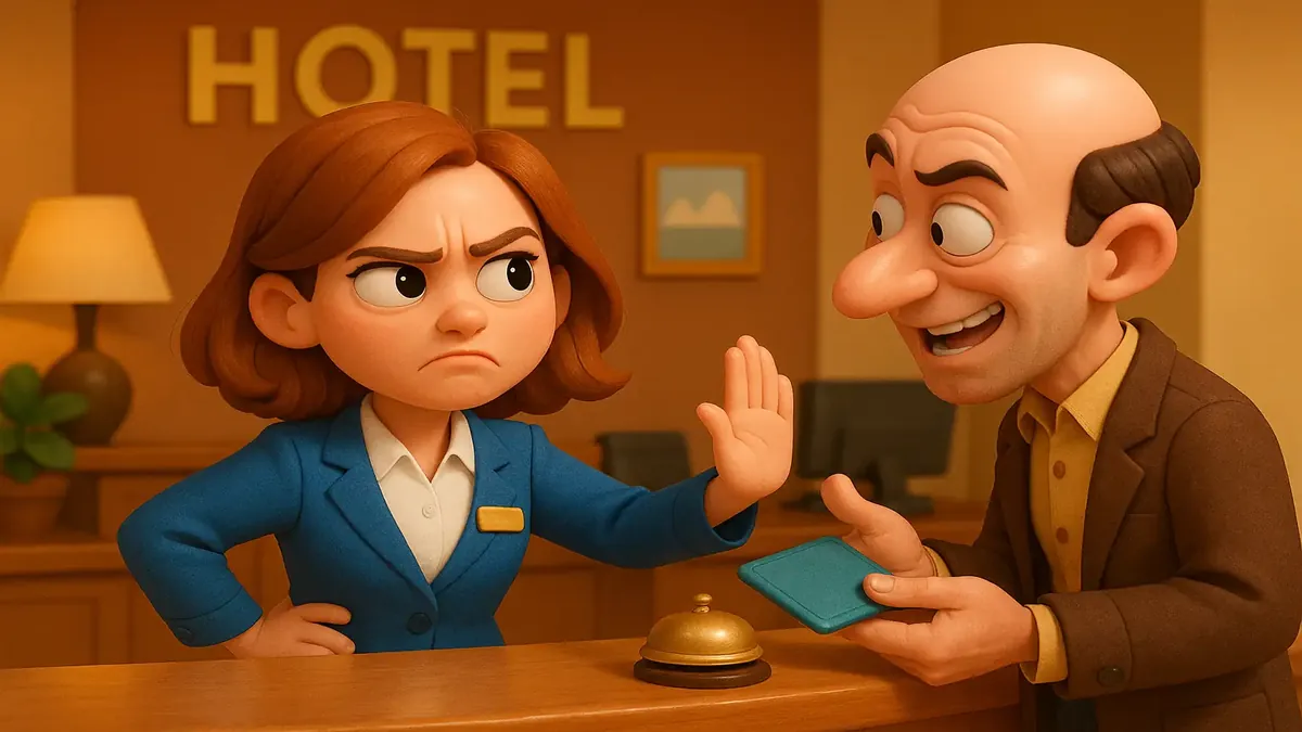 Cartoon-style illustration of a hotel receptionist confronting a suspicious guest in a Swedish coastal hotel.