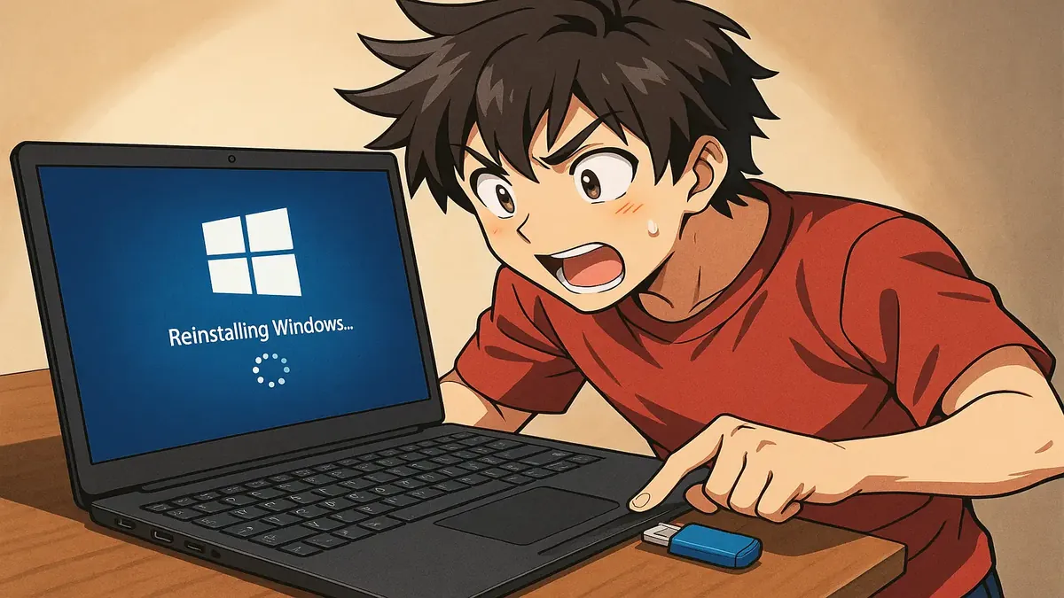 Anime illustration of a computer upgrade process, highlighting OS reinstallation challenges and hardware requirements.