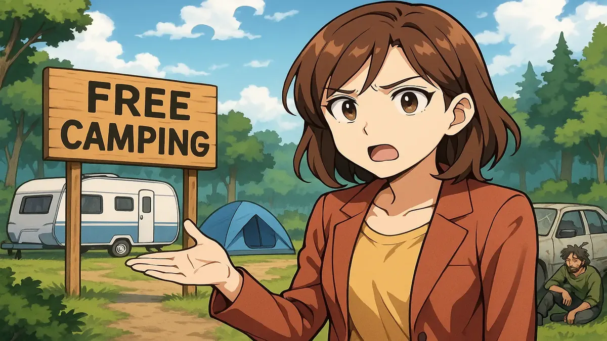 Anime-style illustration of a bush campsite with caravans and diverse tourists enjoying nature.