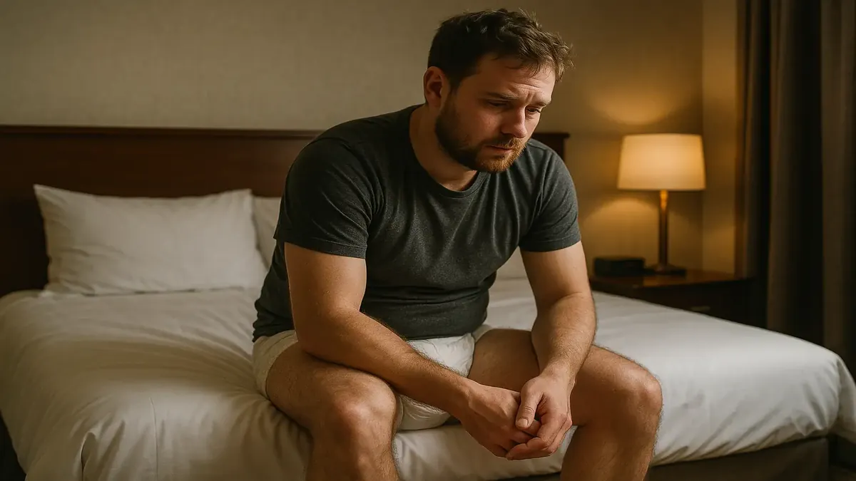 Drunk British man at a hotel reception, illustrating a humorous night shift encounter in Europe.