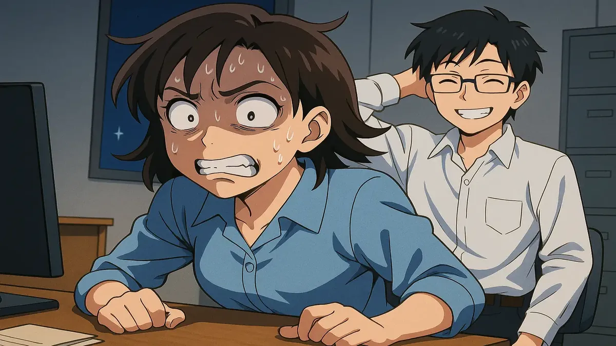 Anime illustration of a friend playfully tormenting another at work, inspired by Futurama's space bee episode.