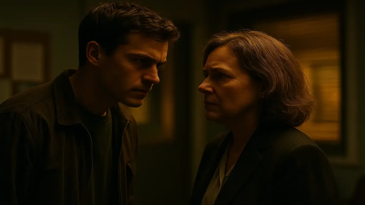 A cinematic portrayal of a mentor and mentee discussing responsibility in a professional setting.