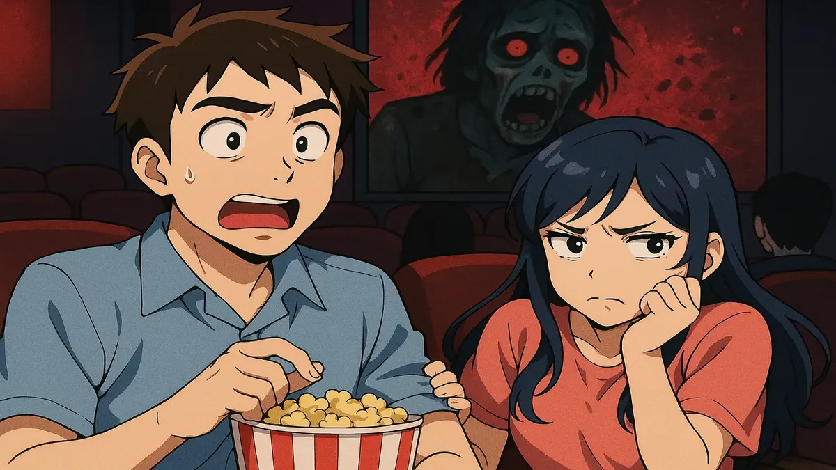 Anime illustration of a couple debating over date night plans, reflecting relationship dynamics and decision-making struggles.