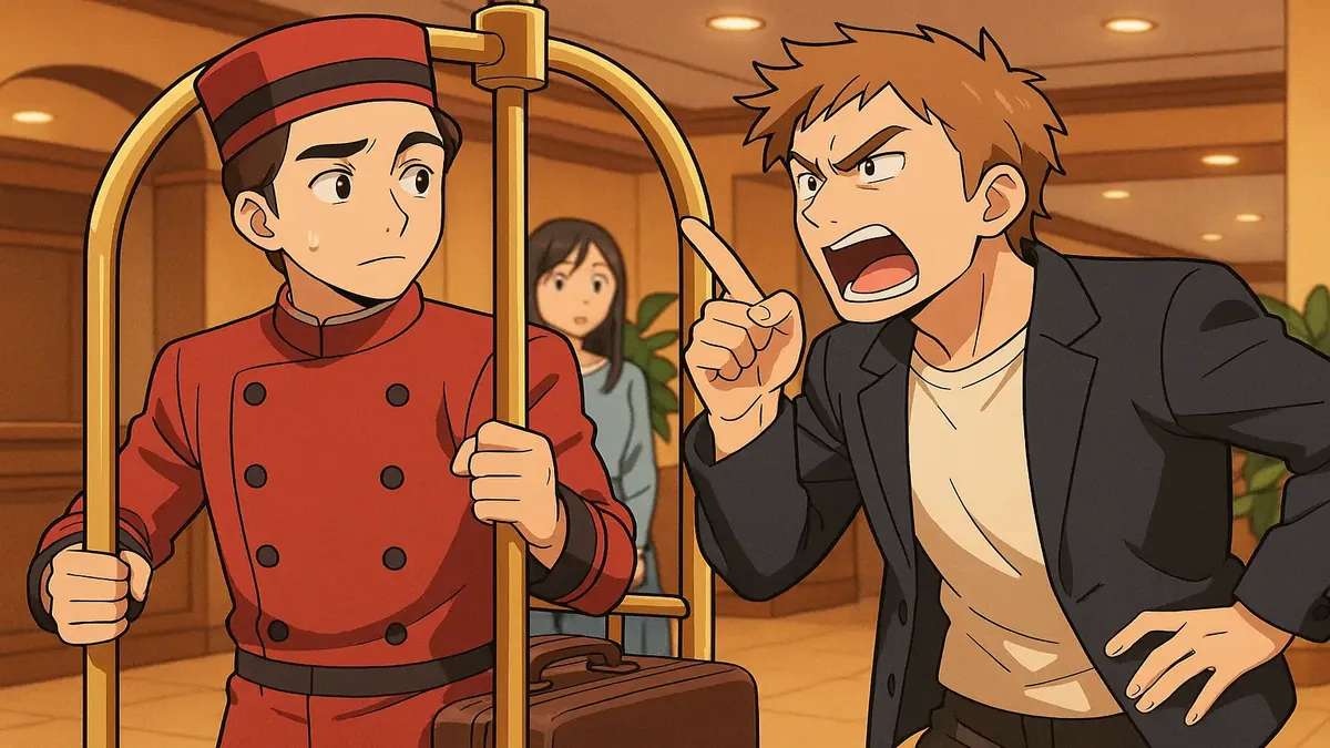Anime-style illustration of a frustrated hotel guest confronting a bellman with luggage carts.