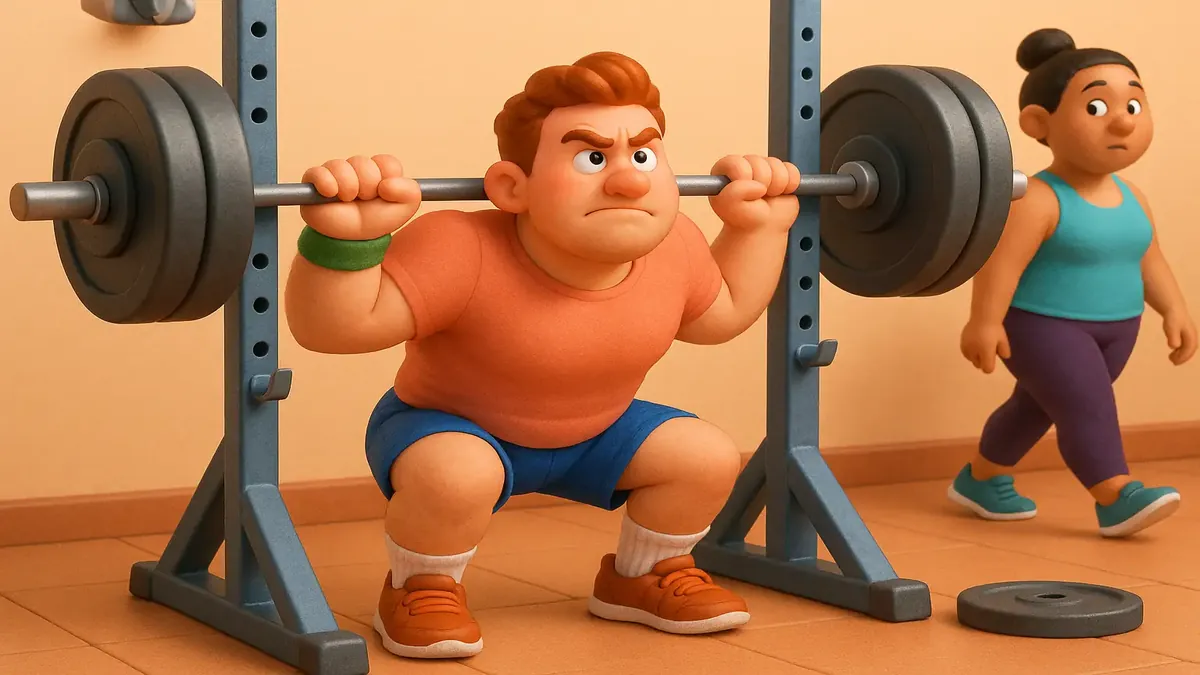 Cartoon-3D illustration of a gym-goer timing their squat rack workout, emphasizing gym rules and peak hours.