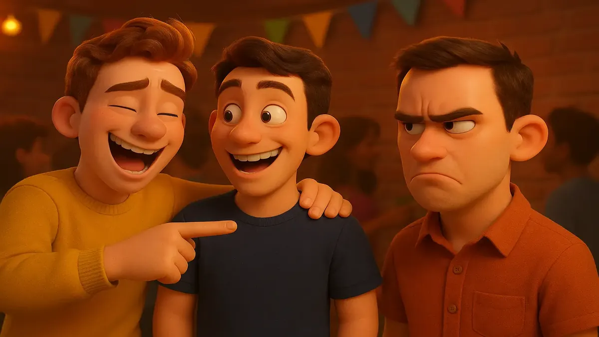 Cartoon-3D illustration of a party scene with a guy leaving after being roasted by friends.