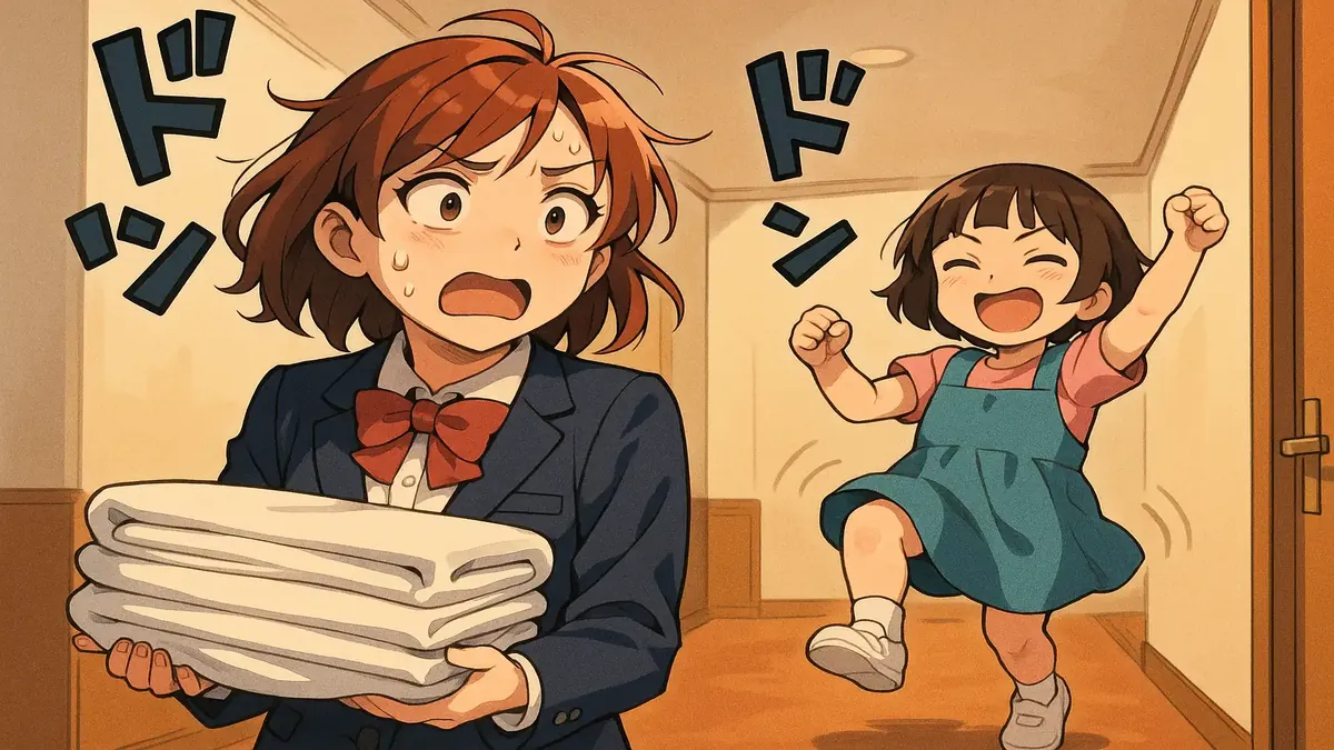 Anime illustration showing a frustrated receptionist in a linen room with noise disruption from upstairs.