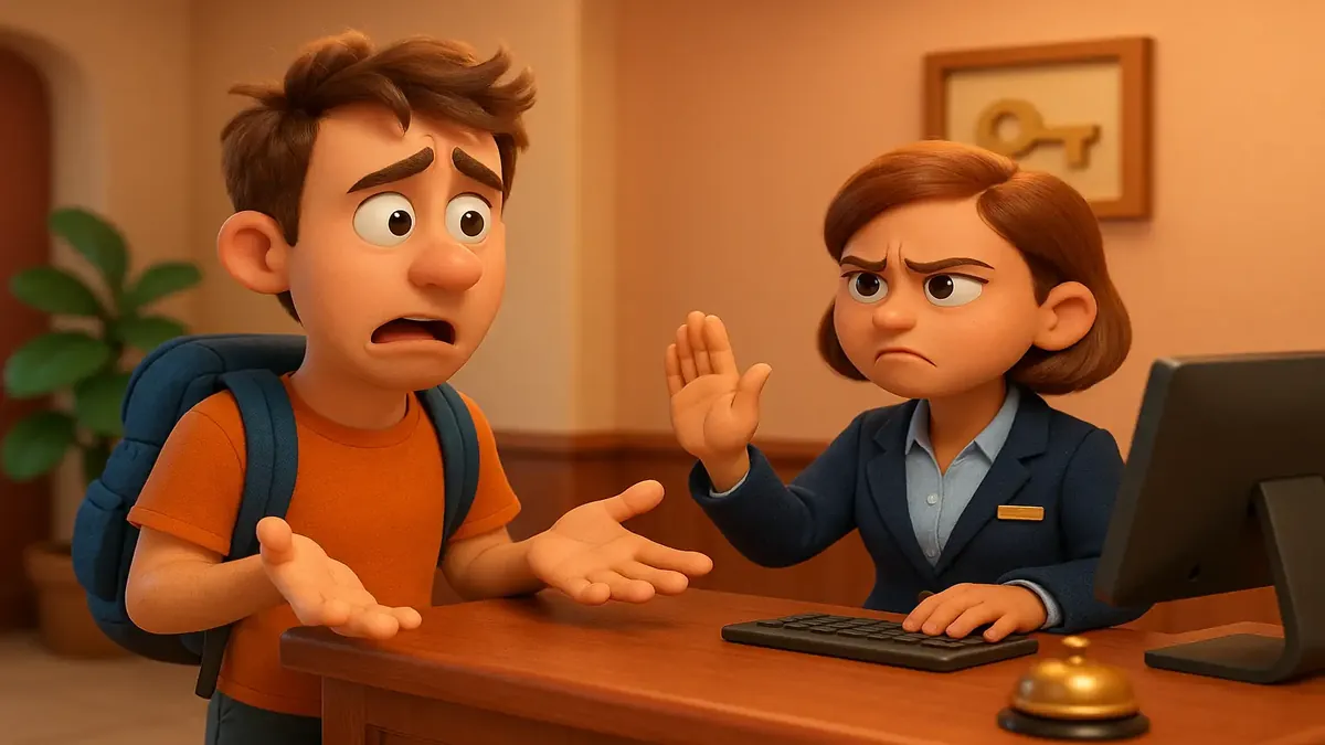 Cartoon 3D illustration of a traveler frustrated by a missing hotel reservation, symbolizing travel planning mishaps.