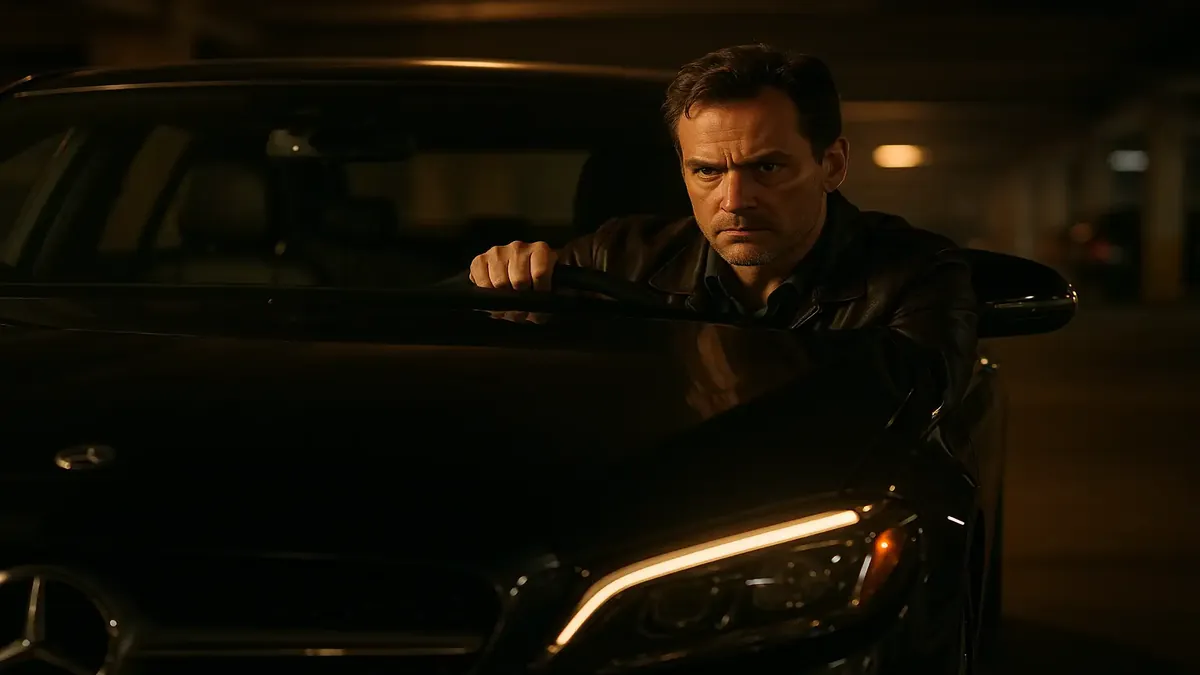 Cinematic image of a man in a new Mercedes Benz, highlighting luxury and negotiation in a hotel garage setting.