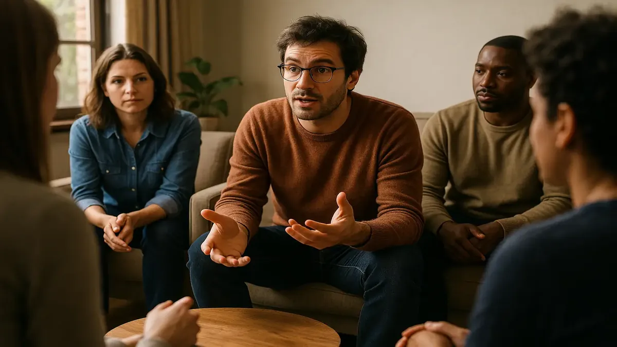 A vibrant, photorealistic scene of people engaging in lively conversation at a community forum.