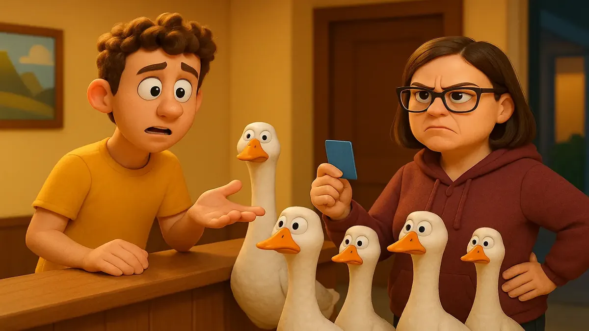 Cartoon 3D image of a confused hotel worker in charge of geese at night, reflecting a quirky situation.