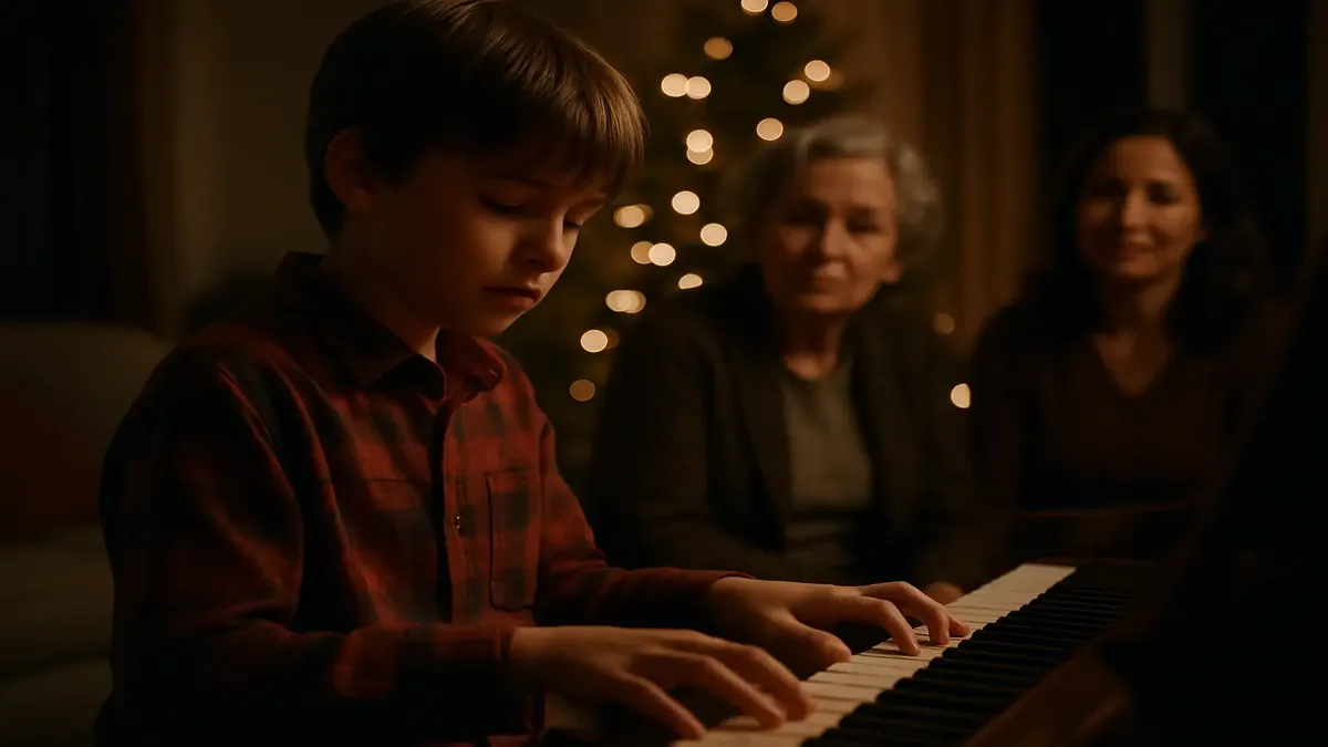 Family breakfast scene with grandmother, piano, and playful interactions during Christmas celebration.